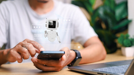 Futuristic AI chatbot assistant on smartphone screen, showing virtual interface with robot and chat bubbles. Concept of smart communication, technology, and virtual support.