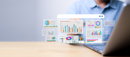 Marketer using digital marketing dashboard with charts, pie graphs, organization chart, and performance data. Concept of business analytics and strategic planning.