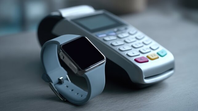 Smartwatch placed near a modern wireless payment terminal on a neutral table surface, perfect for fintech visuals, contactless technology ads and digital payment interface concepts