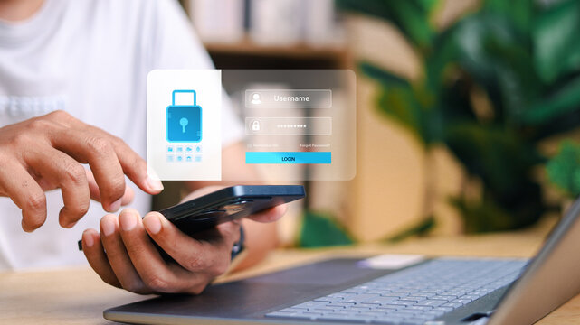 Close-up of a man using smartphone with virtual password input and login button. Concept of secure mobile authentication, user access control, and cybersecurity protection.