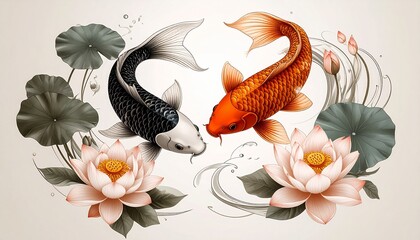 Two graceful koi fish swimming in a tranquil pond surrounded by beautiful lotus flowers