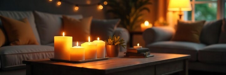 Warm Candlelight Illuminates Cozy Living Room, Creating a Relaxing and Inviting Atmosphere Perfect for Home Decor and Relaxation Themes.