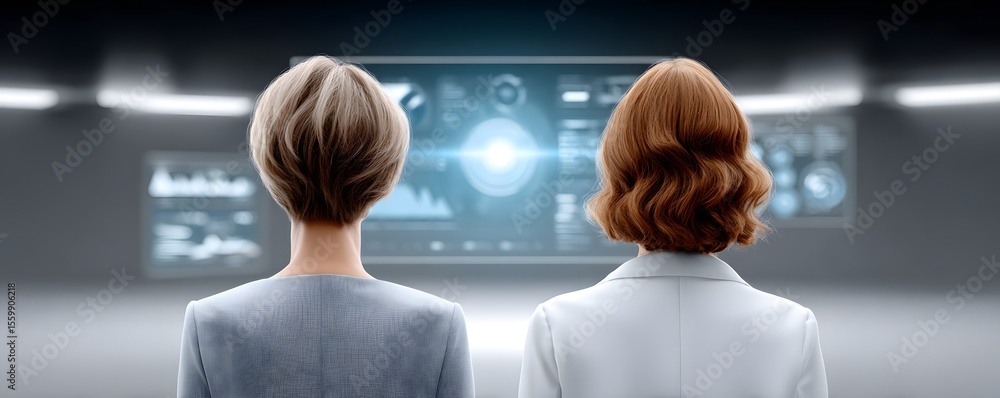 Poster documentary style image of researchers analyzing clinical trial data on large screens, intricate gra