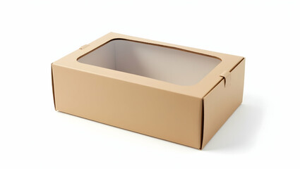 Sustainable Food Packaging Minimal design sandwich box with transparent window, sealed and shown on white