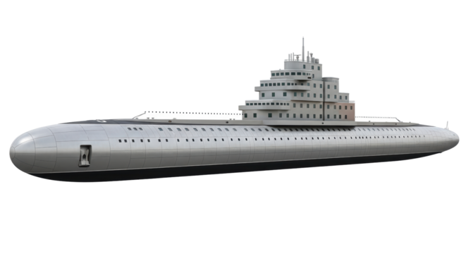 Isolated Gigantic Submarine with Multi Level Building On The Top