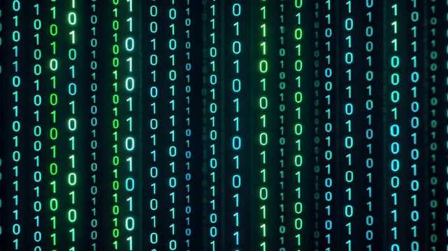 Neon binary 0s and 1s fall in green and blue on black background, creating digital depth with Code Flow and Data Stream in a tech inspired environment