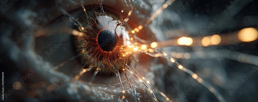 Poster brain-inspired neuro computing and neural module concept. an imaginative close-up of an eye with glo
