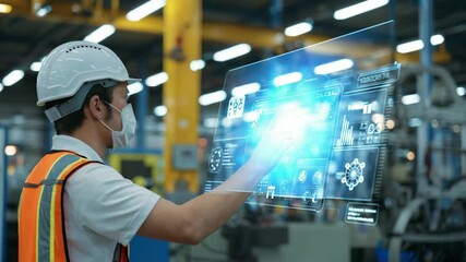 Factory worker uses futuristic interface for production and manufacturing - Powered by Adobe