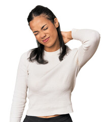 Young Filipina woman suffering neck pain due to sedentary lifestyle.