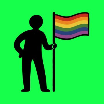 Silhouette holding rainbow flag animation, transparent 4K video, green screen