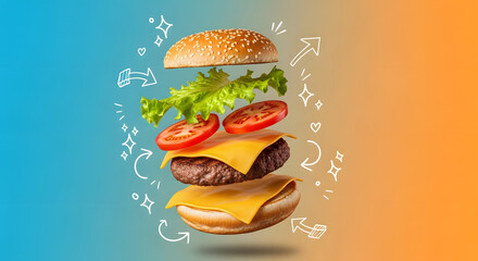Deconstructed cheeseburger with ingredients by floating.