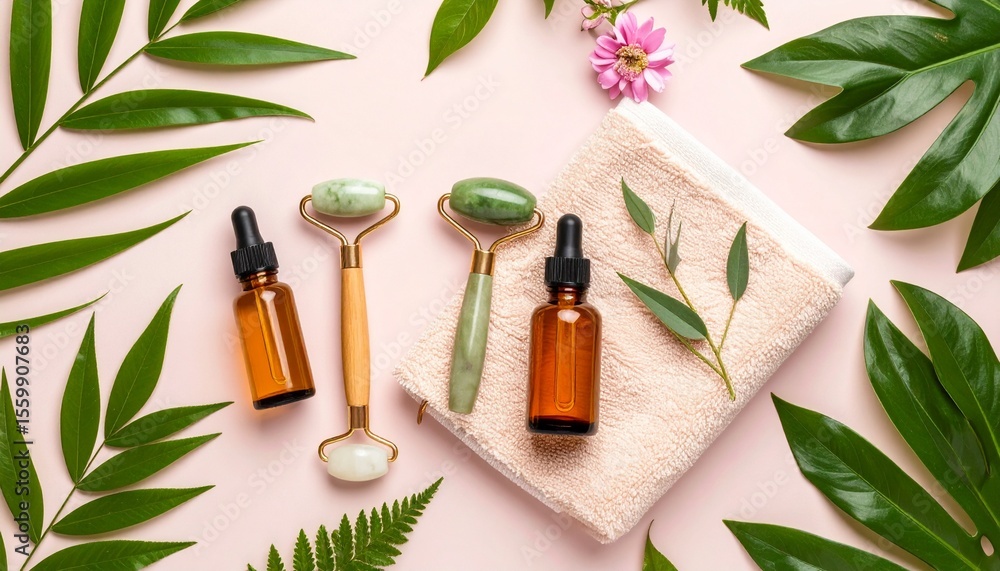 Poster stylish flat lay of essential oils and towel on soft pink background with relaxing vibes