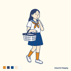 School Girl Shopping with Basket – Vector Illustration

