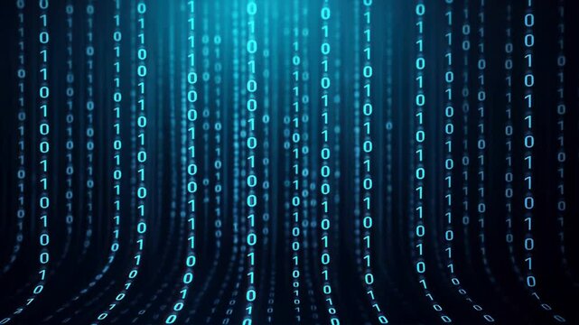 Blue binary code falls in 3D across dark space, glowing in turquoise tones to show a deep digital Data Stream and futuristic Code Flow