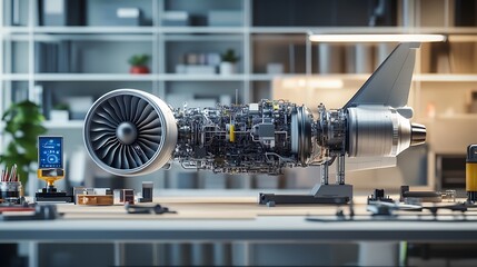 A mechanical model of a jet engine with moving parts on a wooden table