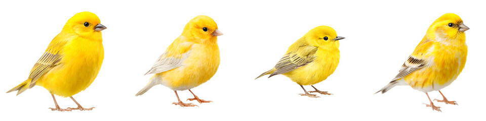 Bright Yellow Canaries: Small Birds Posing on White Background