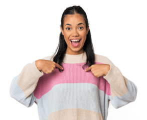 Young Filipina woman surprised pointing with finger, smiling broadly.
