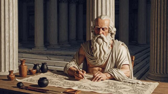 Philosopher sketches land maps in ancient setting filled with pottery under classical architecture