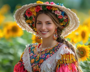 Smiling woman in traditional floral dress and hat amidst sunflowers