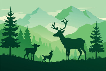 Vector art of a silhouette of a deer family stands in a lush green forest with mountains in the distance
