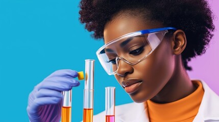 Scientist conducts experiment with colorful test tubes in laboratory under bright lights