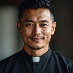 Fototapeta premium Young asian male priest in black clerical attire smiling