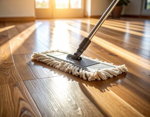 Warm sunlit room with mop cleaning wooden floor in morning light