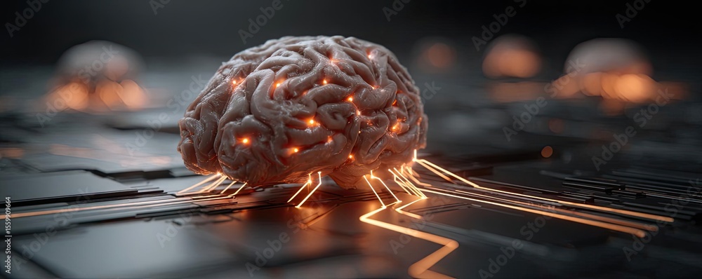 Poster brain-inspired neuro computing and neural module concept. futuristic brain with glowing circuits and