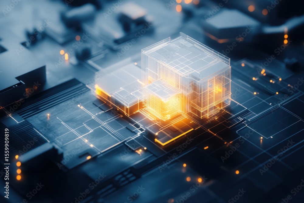 Poster abstract glowing cube structure on a dark circuit board with orange light and circuit connections