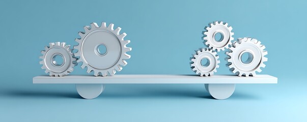 Balance scale with gears on a light blue background showcasing mechanical equilibrium and precision