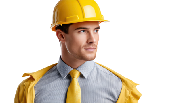 Confident Construction Professional: A focused construction worker dons a bright yellow hard hat and a thoughtful gaze, embodying diligence and the spirit of innovation in a vibrant, close-up shot.
