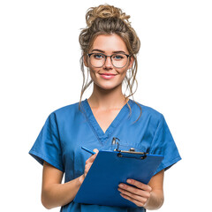 Female Medical Professional with Folder and Notepad isolated on transparent  white background png