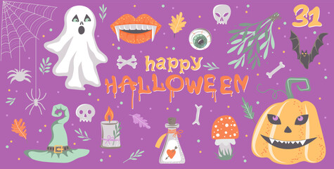Happy Halloween. Collection of hand drawn holidays elements pumpkin, ghost,spiders, witch hat. Vector illustration.