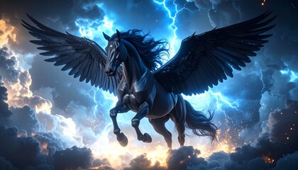 Dark pegasus flying through storm clouds with powerful wings against a chaotic sky backdrop