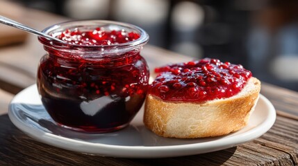 Jam jar beside toast round with berry dip swirl

