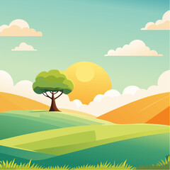 Fototapeta premium quiet landscape with hills, sun, and a lone tree, soft gradients