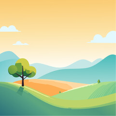 Obraz premium quiet landscape with hills, sun, and a lone tree, soft gradients