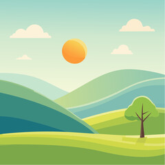 Obraz premium quiet landscape with hills, sun, and a lone tree, soft gradients