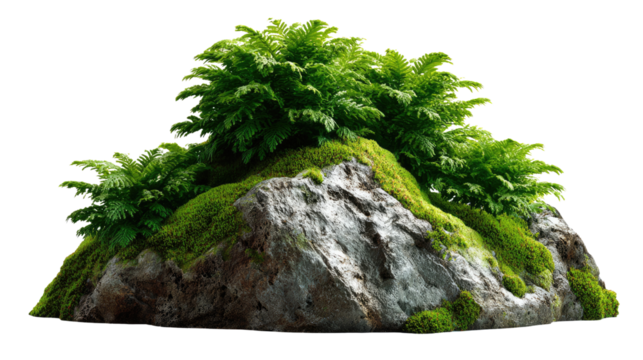 Nature's Embrace: A stone embraced by moss and ferns, a testament to nature's beauty and resilience, standing as a symbol of strength and enduring life.