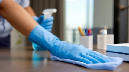 Closeup of Person in Blue Gloves Cleaning a Wooden Desk