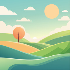 Fototapeta premium quiet landscape with hills, sun, and a lone tree, soft gradients