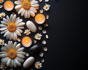 White daisies, candles, and stones arranged on dark background