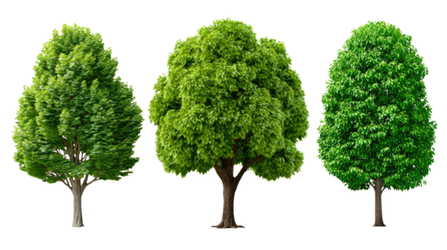 Three Lush Green Trees: A trio of vibrant, full, green trees stand tall against a clean background, showcasing their lush foliage and strong trunks.  Each tree boasts a unique, yet equally stunning.