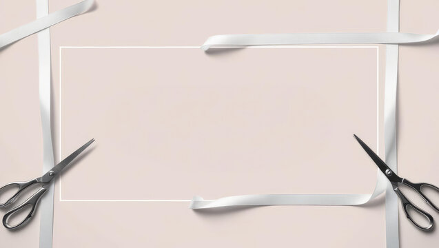 Grand Opening Concept with Scissors and Ribbon Frame on a Pale Pink Backdrop for Business Celebration