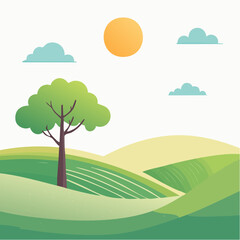 Fototapeta premium quiet landscape with hills, sun, and a lone tree, soft gradients