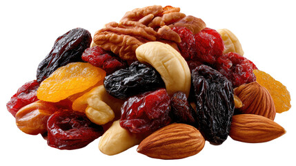 Delicious Mix: A colorful, diverse mix of nuts and dried fruits come together to create a nutritious and visually appealing snack, showcasing the perfect balance of flavors and textures.