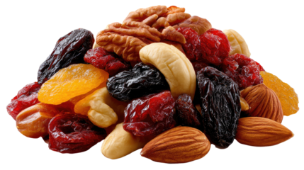 Delicious Mix: A colorful, diverse mix of nuts and dried fruits come together to create a nutritious and visually appealing snack, showcasing the perfect balance of flavors and textures.