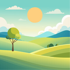 Obraz premium quiet landscape with hills, sun, and a lone tree, soft gradients