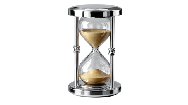 Timeless Passage: An elegant hourglass, with sand flowing like liquid gold, symbolizes the preciousness of time, transition, and the relentless march of moments.