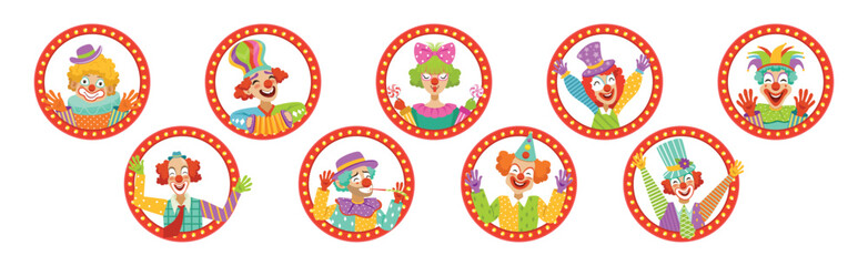 Fototapeta premium Colorful Friendly Clown Character and Circus Comedian Vector Set